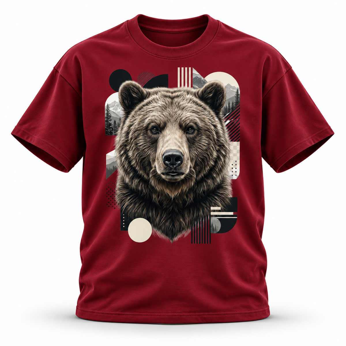 19SEVEN7 Northern Sentinel Wine Red T-shirt with grizzly artwork, front view