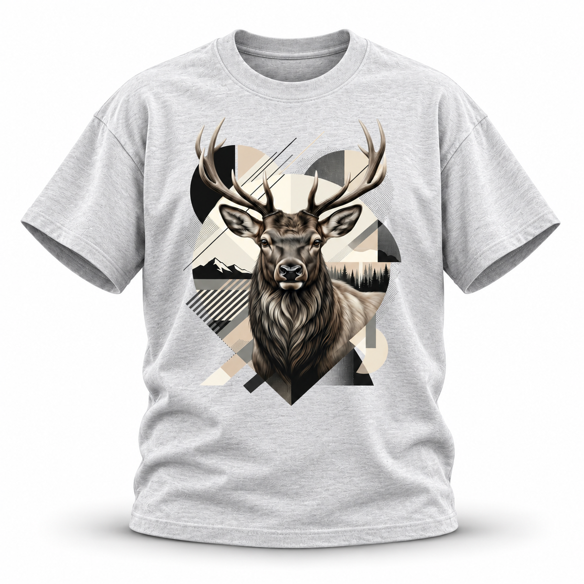 High Country — Elk Geometric Wildlife Heavyweight Oversized Tee — White Gray, front; 3D ghost mannequin mockup