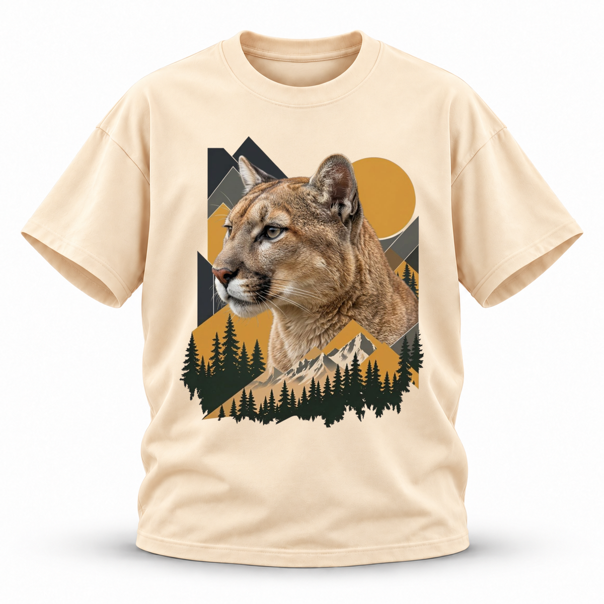 Amber Ridge — Cougar Wildlife Premium Regular Fit Tee — Apricot, front; 3D ghost mannequin mockup