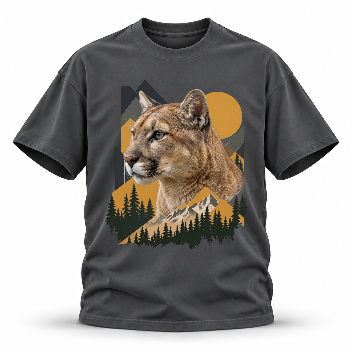 Amber Ridge — Cougar Wildlife Premium Regular Fit Tee — Dark Gray, front; 3D ghost mannequin mockup