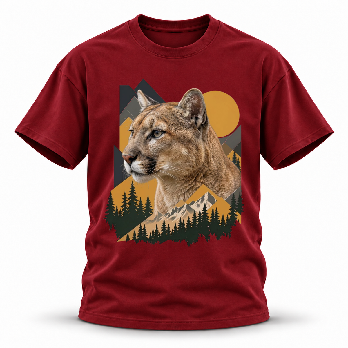 Amber Ridge — Cougar Wildlife Premium Regular Fit Tee — Wine Red, front; 3D ghost mannequin mockup