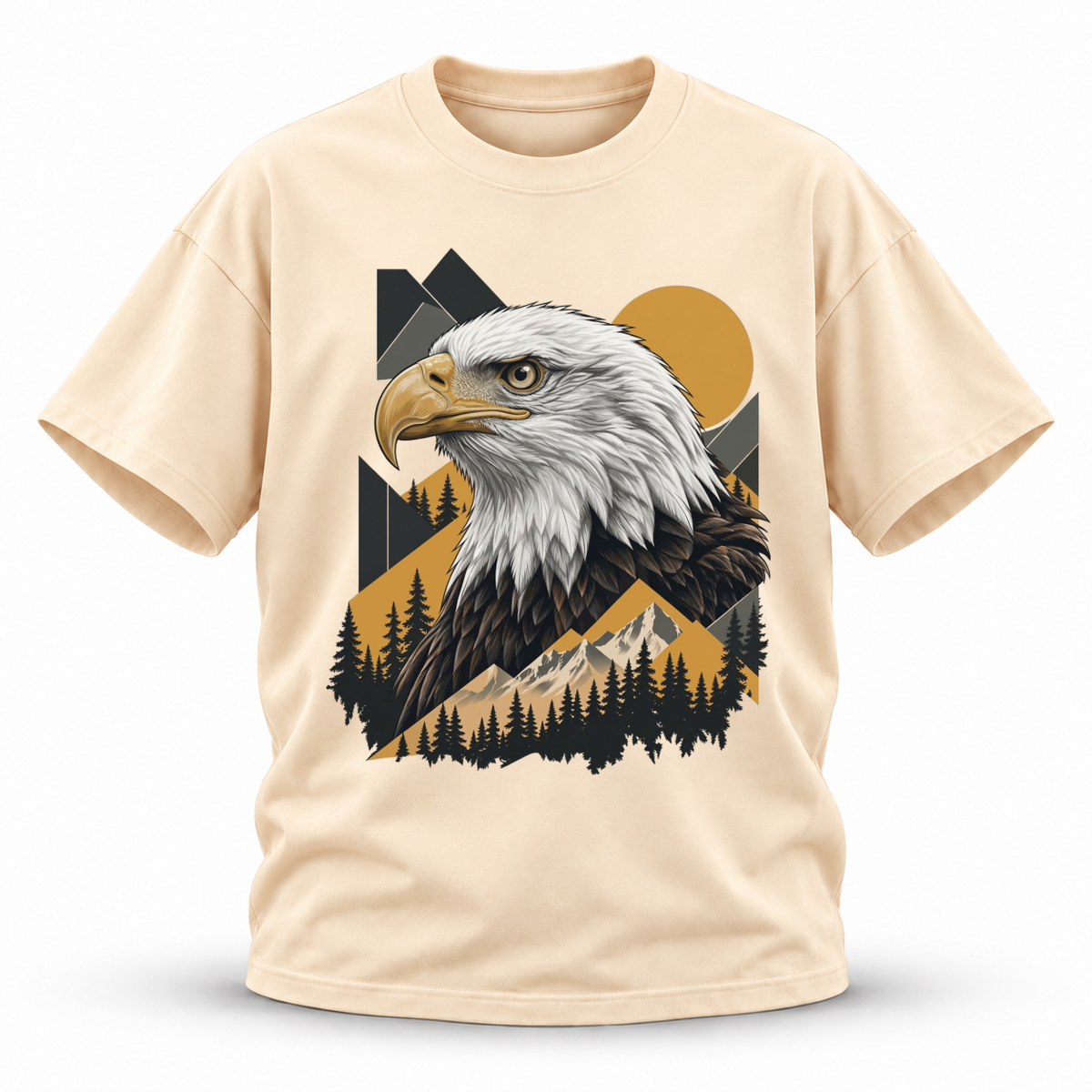 Golden Horizon — Bald Eagle Wildlife Premium Regular Fit Tee — Apricot, front; 3D ghost mannequin mockup