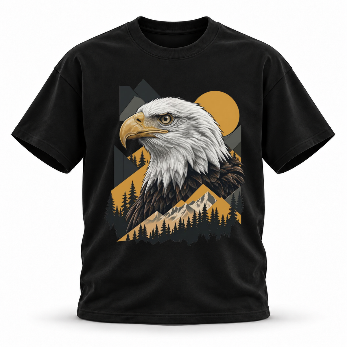 Golden Horizon — Bald Eagle Wildlife Premium Regular Fit Tee — Black, front; 3D ghost mannequin mockup