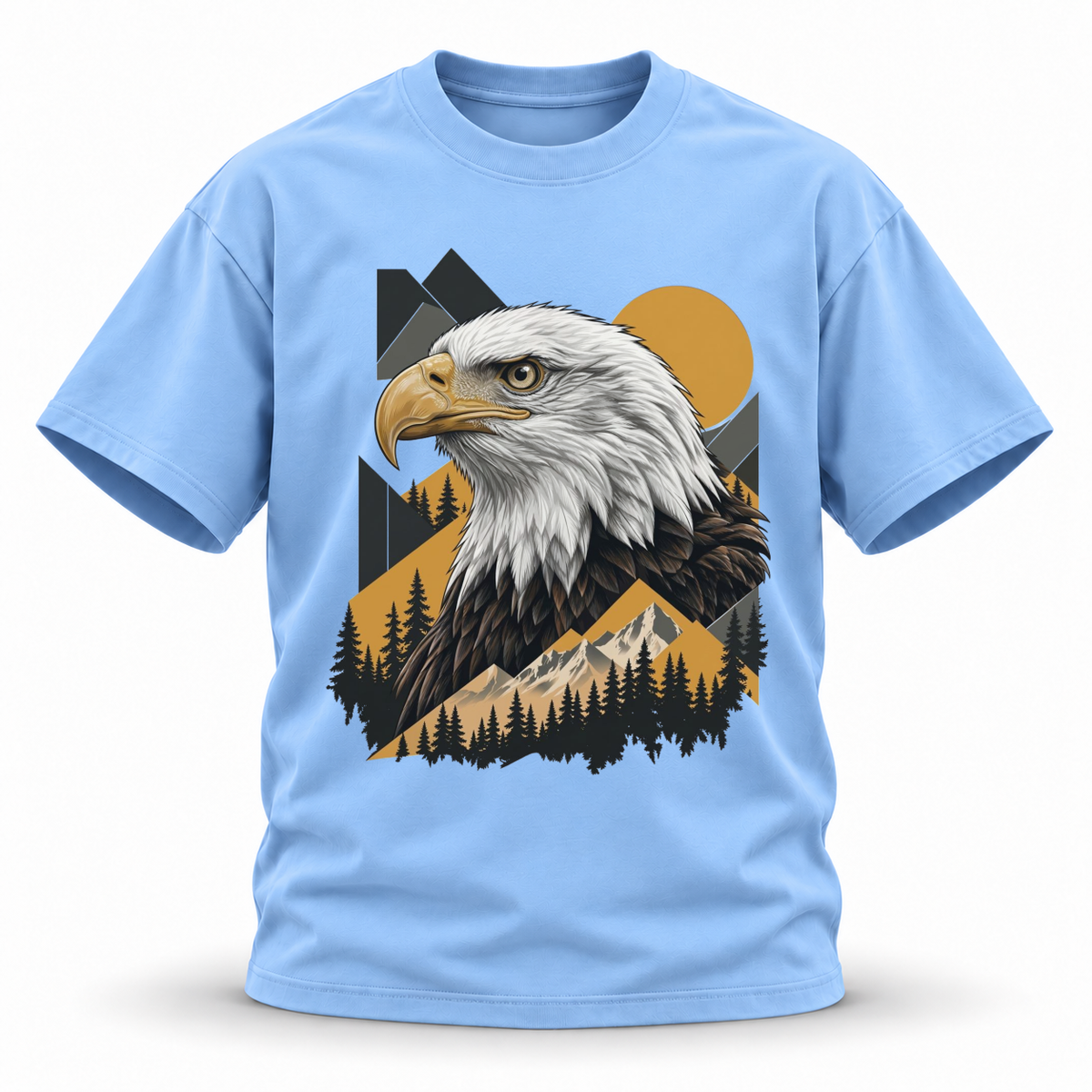 Golden Horizon — Bald Eagle Wildlife Premium Regular Fit Tee — Blue, front; 3D ghost mannequin mockup