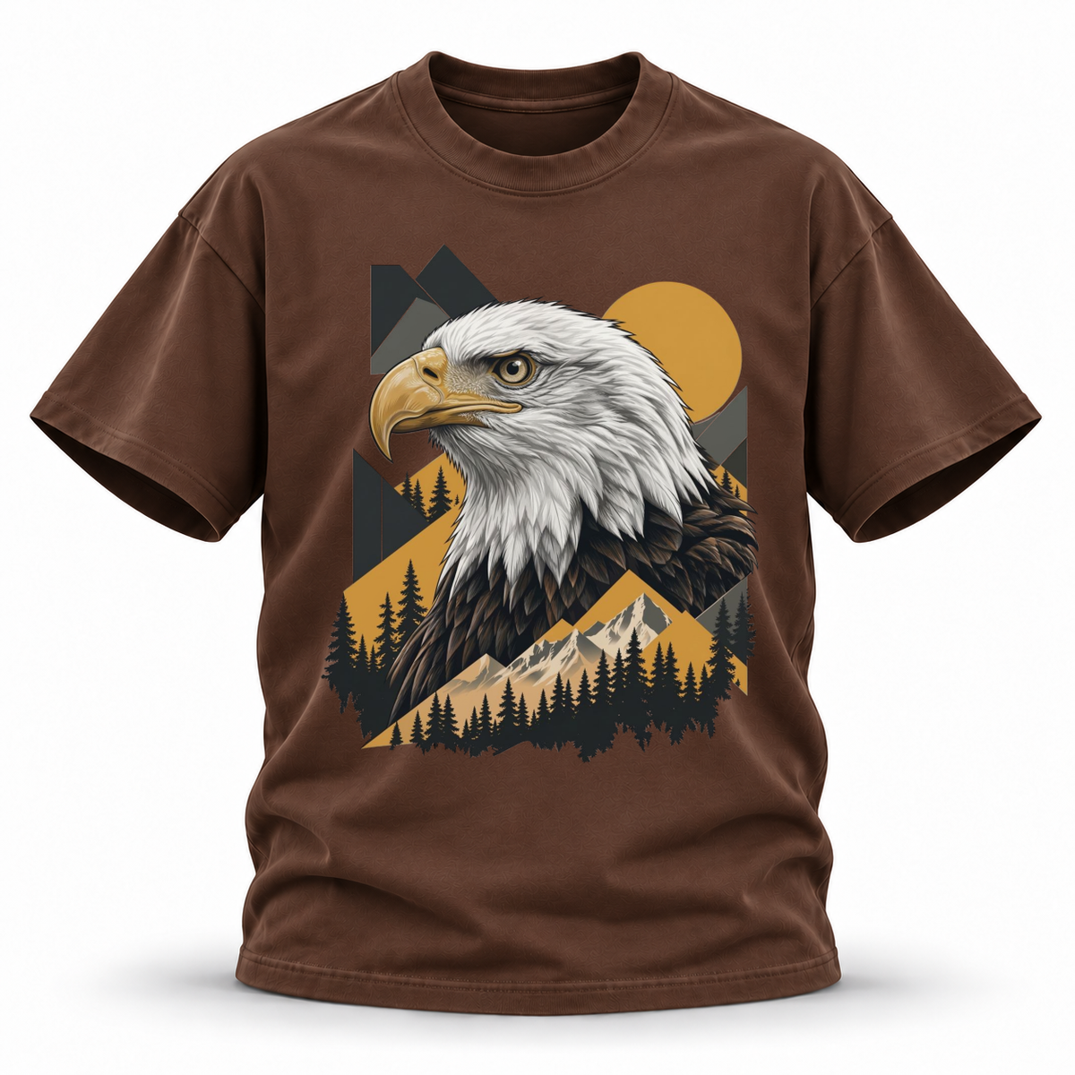 Golden Horizon — Bald Eagle Wildlife Premium Regular Fit Tee — Coffee, front; 3D ghost mannequin mockup