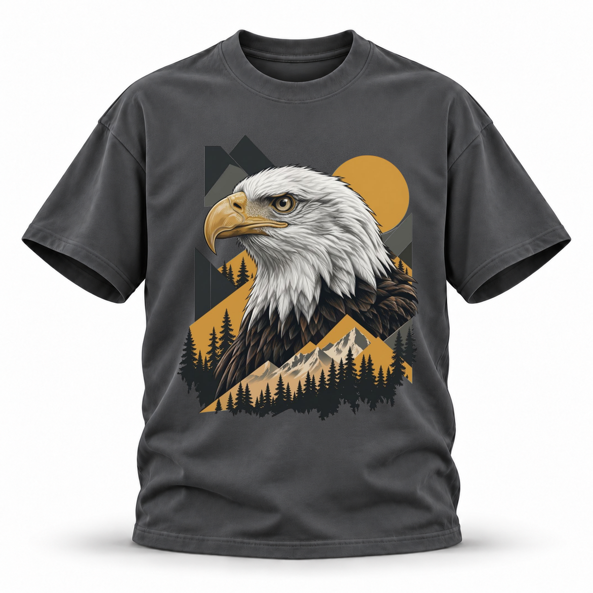 Golden Horizon — Bald Eagle Wildlife Premium Regular Fit Tee — Dark Gray, front; 3D ghost mannequin mockup