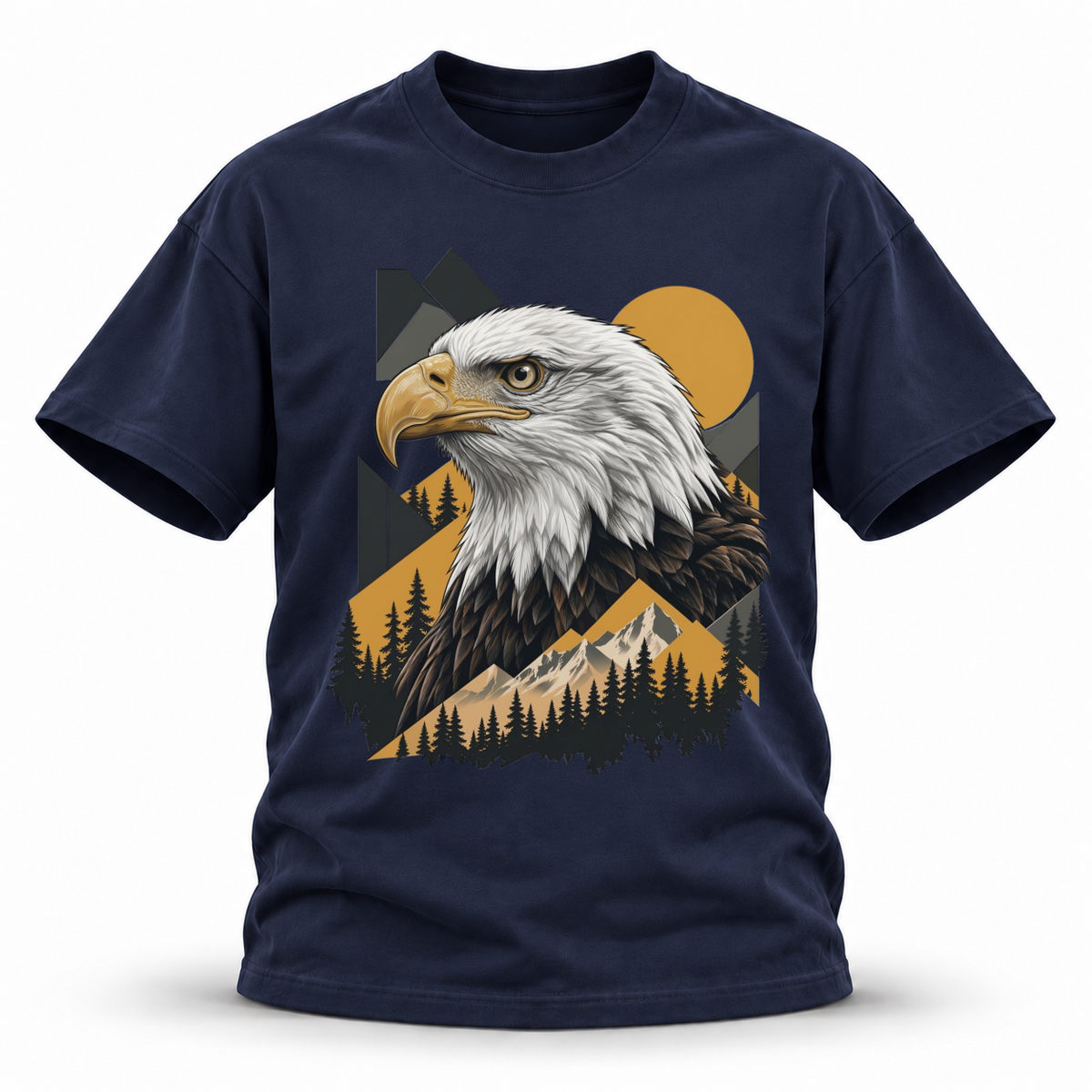 Golden Horizon — Bald Eagle Wildlife Premium Regular Fit Tee — Navy Blue, front; 3D ghost mannequin mockup