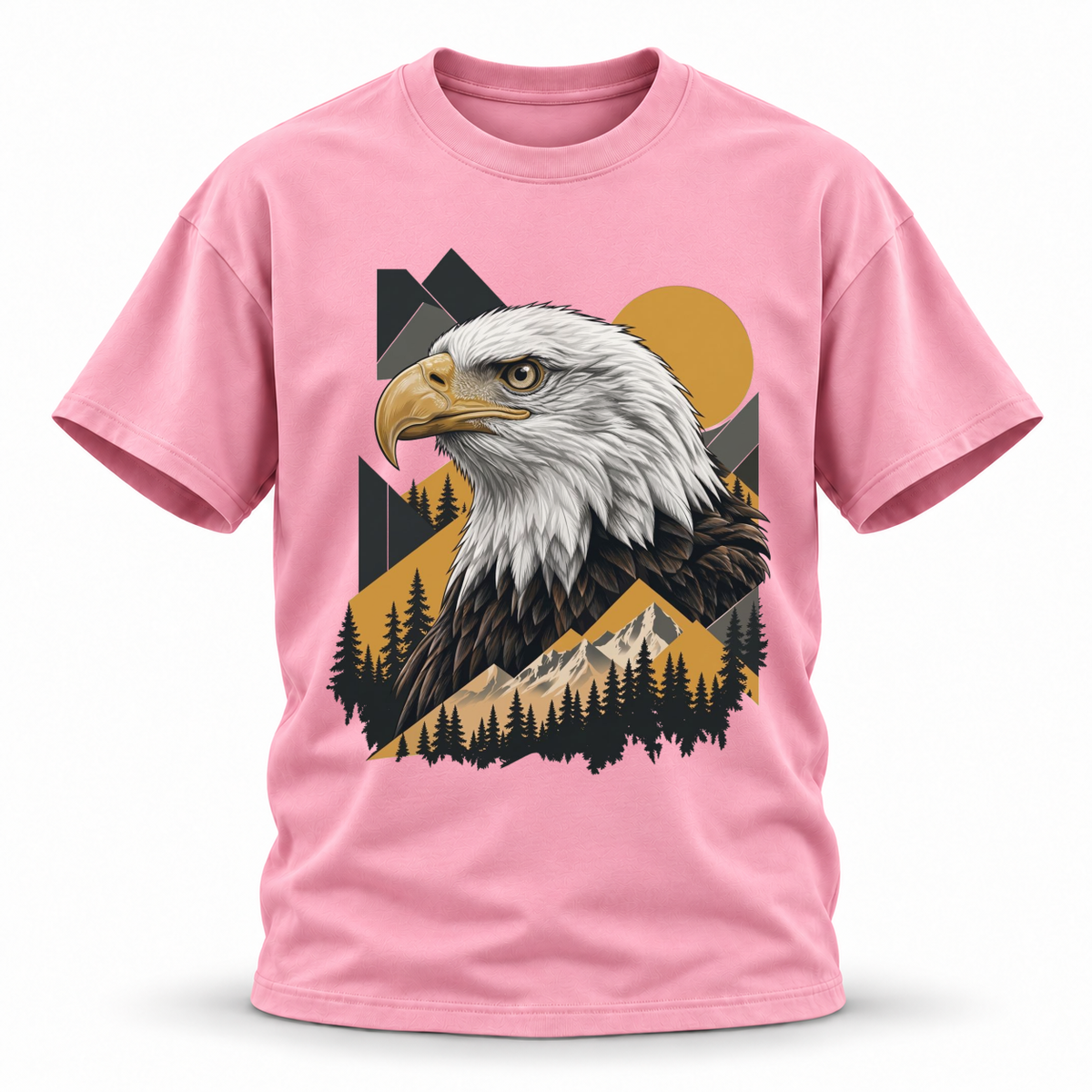 Golden Horizon — Bald Eagle Wildlife Premium Regular Fit Tee — Pink, front; 3D ghost mannequin mockup