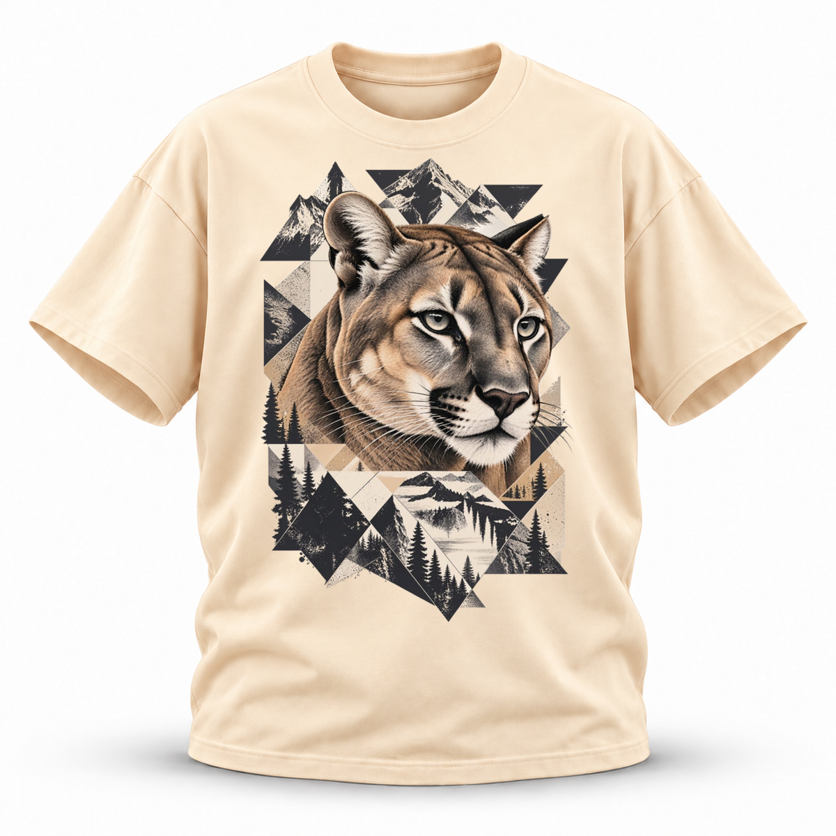 Stone Horizon — Cougar Wildlife Premium Regular Fit Tee — Apricot, front; 3D ghost mannequin mockup