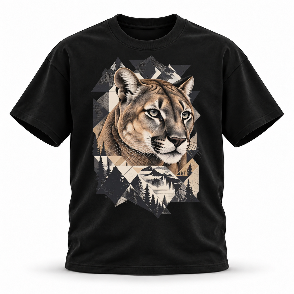 Stone Horizon — Cougar Wildlife Premium Regular Fit Tee — Black, front; 3D ghost mannequin mockup