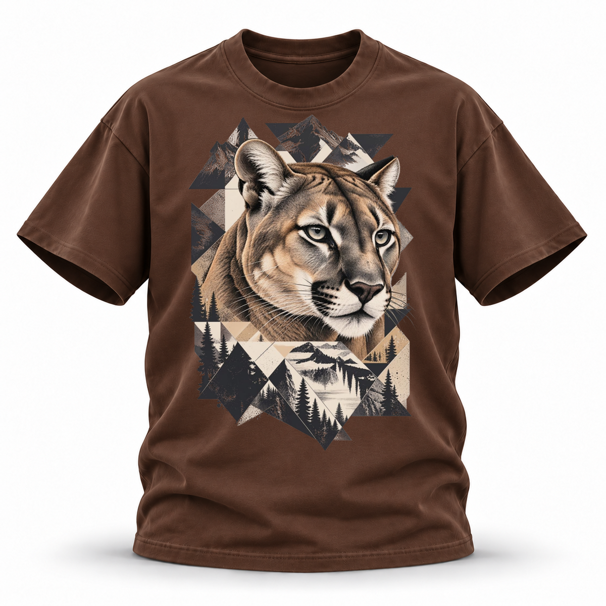 Stone Horizon — Cougar Wildlife Premium Regular Fit Tee — Coffee, front; 3D ghost mannequin mockup