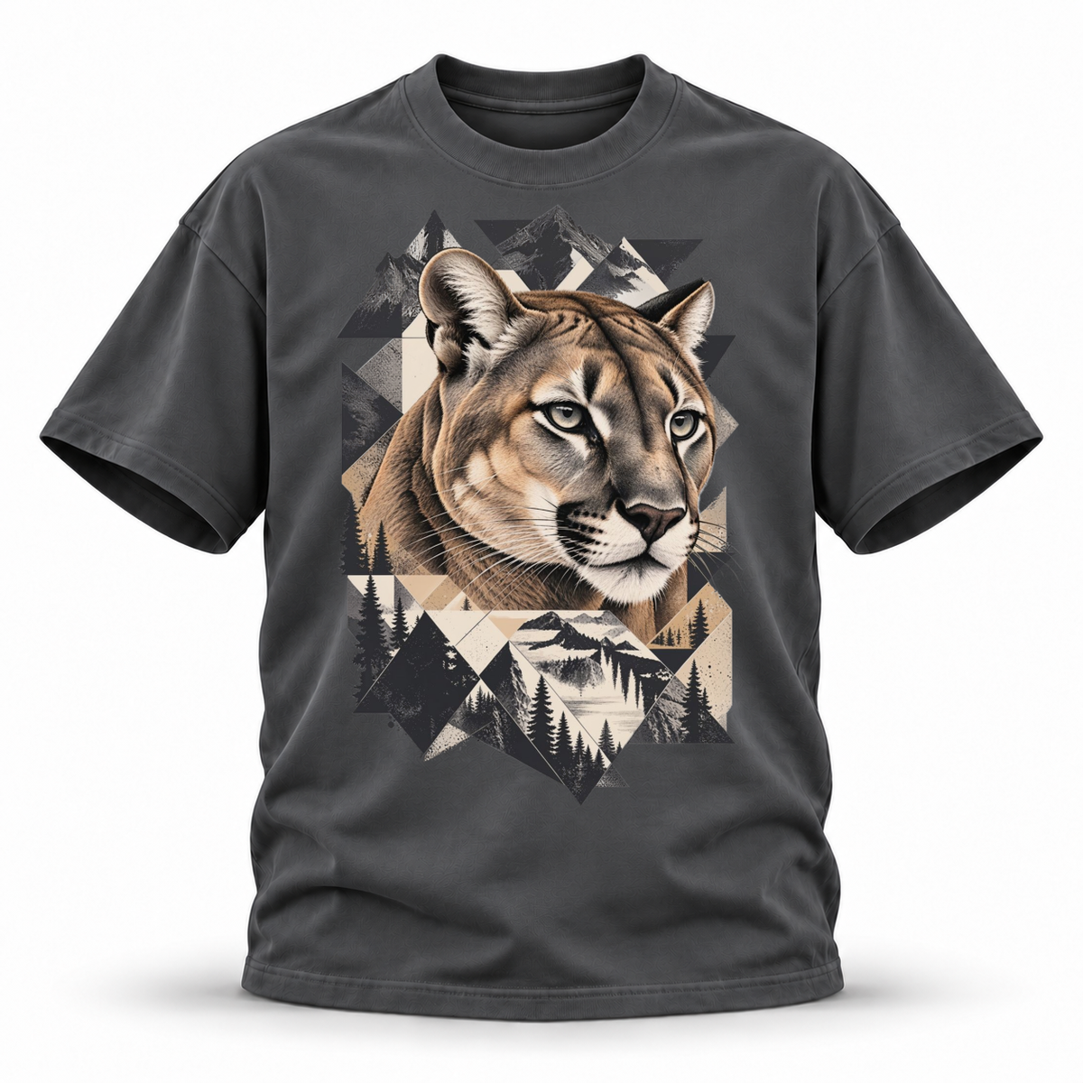 Stone Horizon — Cougar Wildlife Premium Regular Fit Tee — Dark Gray, front; 3D ghost mannequin mockup
