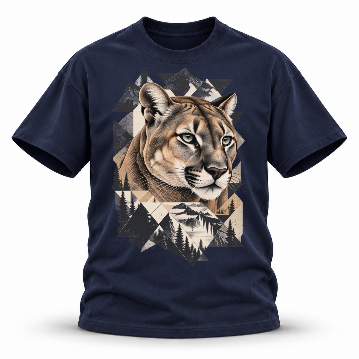 Stone Horizon — Cougar Wildlife Premium Regular Fit Tee — Navy Blue, front; 3D ghost mannequin mockup