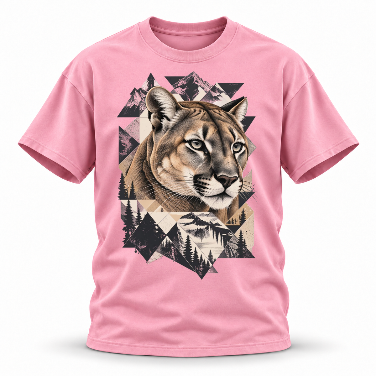 Stone Horizon — Cougar Wildlife Premium Regular Fit Tee — Pink, front; 3D ghost mannequin mockup