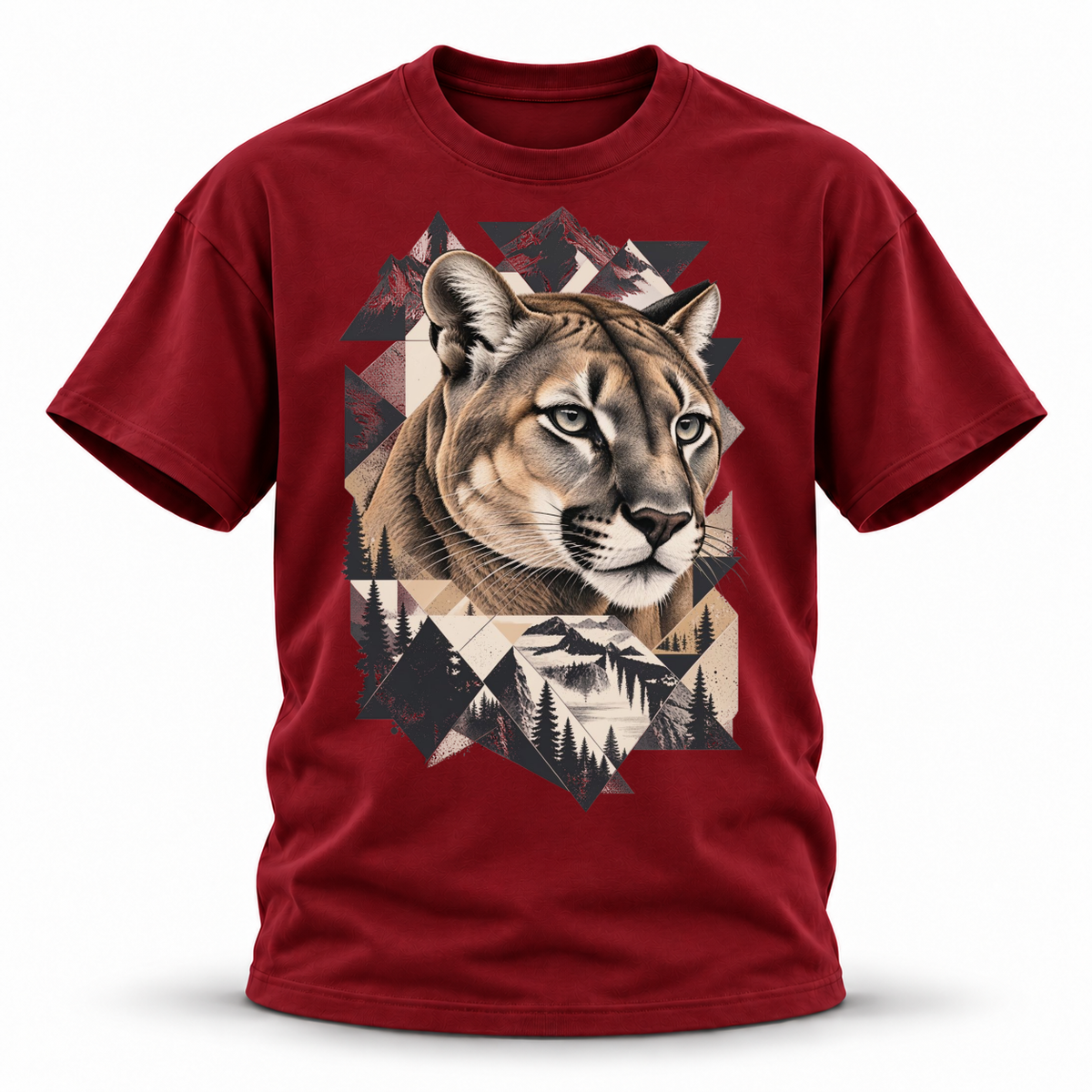 Stone Horizon — Cougar Wildlife Premium Regular Fit Tee — Wine Red, front; 3D ghost mannequin mockup