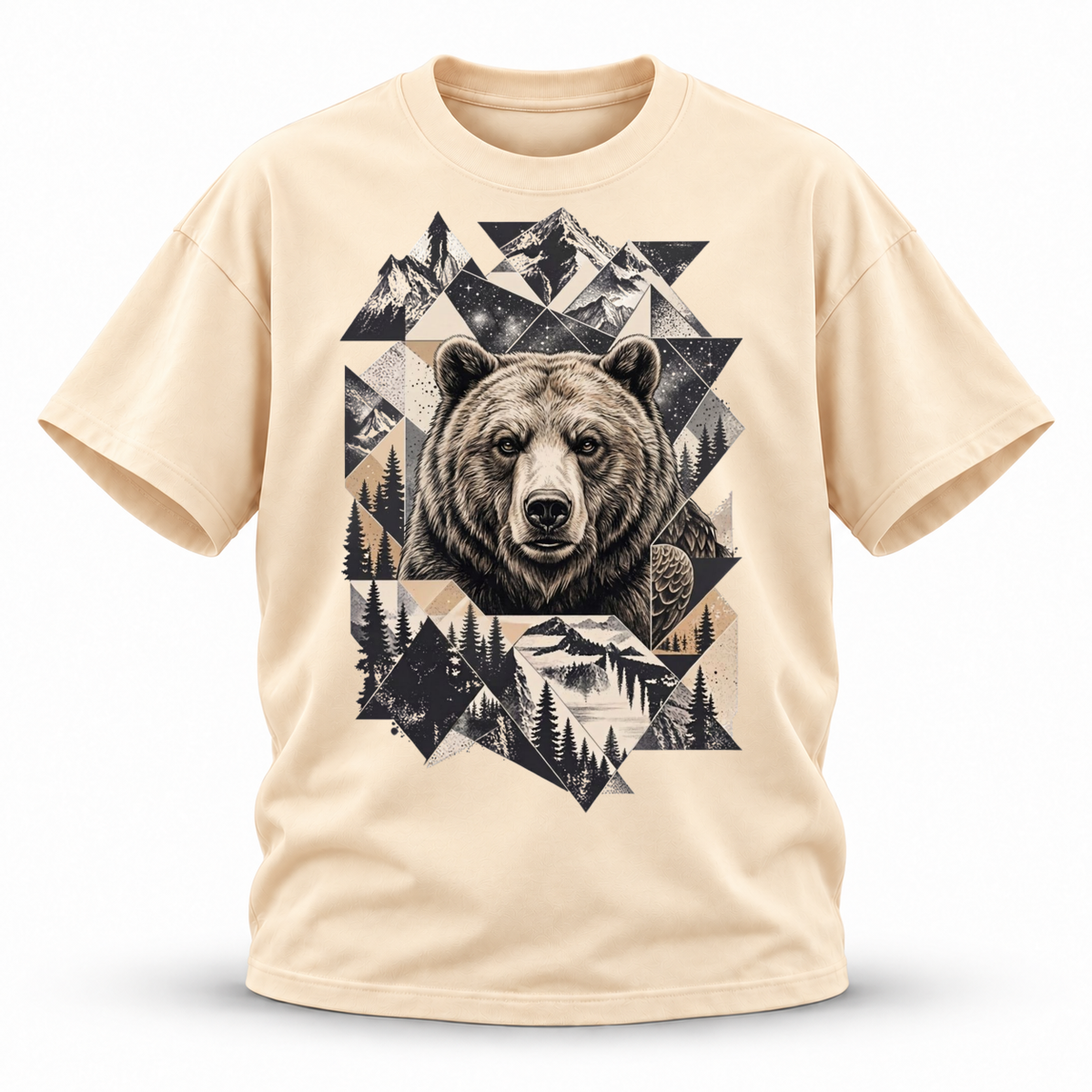 Stone Horizon — Grizzly Wildlife Premium Regular Fit Tee — Apricot, front; 3D ghost mannequin mockup