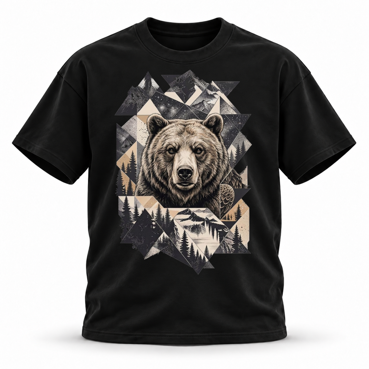 Stone Horizon — Grizzly Wildlife Premium Regular Fit Tee — Black, front; 3D ghost mannequin mockup