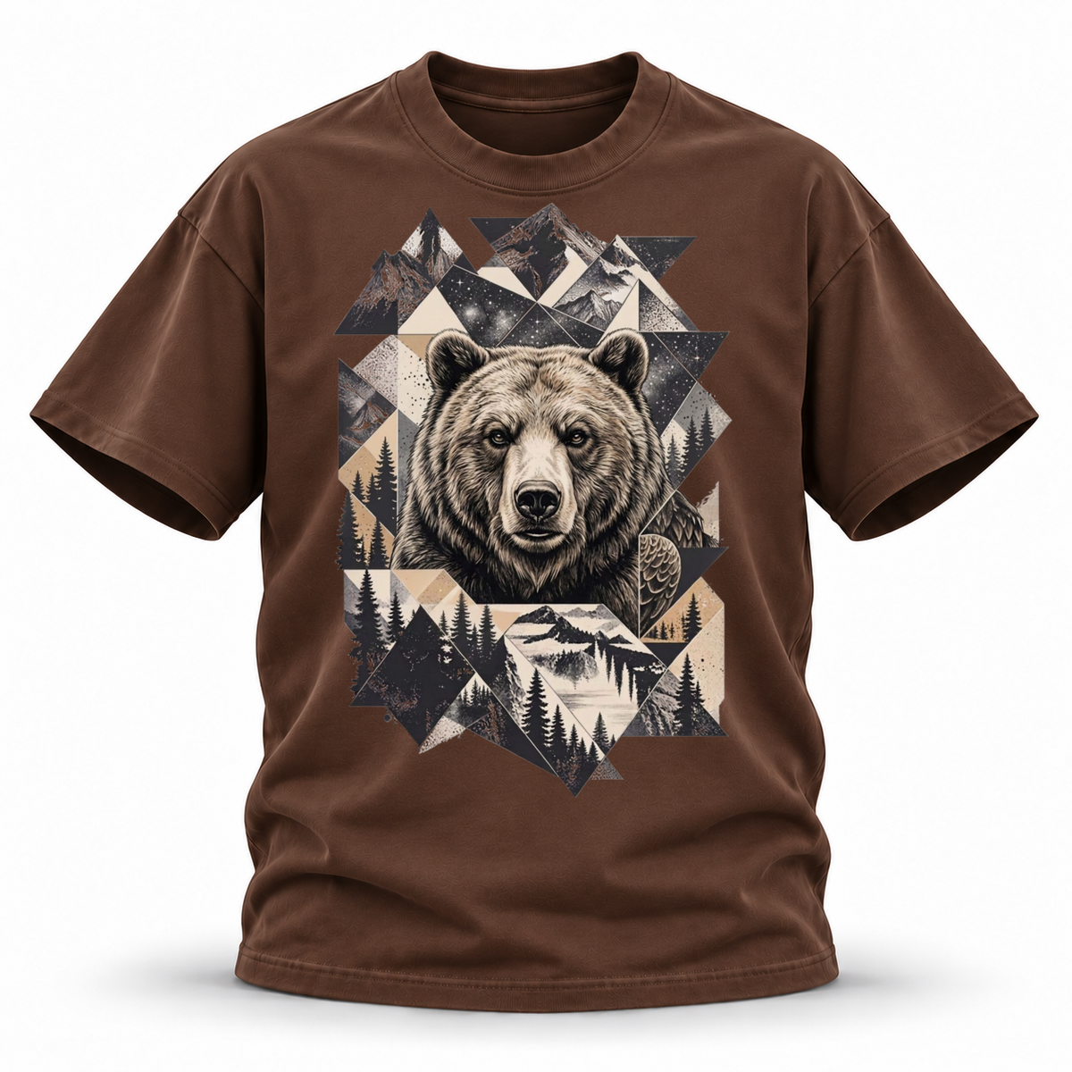 Stone Horizon — Grizzly Wildlife Premium Regular Fit Tee — Coffee, front; 3D ghost mannequin mockup