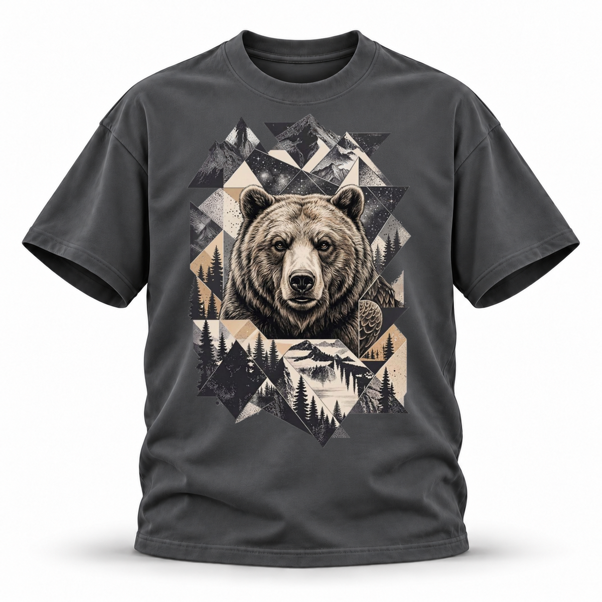 Stone Horizon — Grizzly Wildlife Premium Regular Fit Tee — Dark Gray, front; 3D ghost mannequin mockup