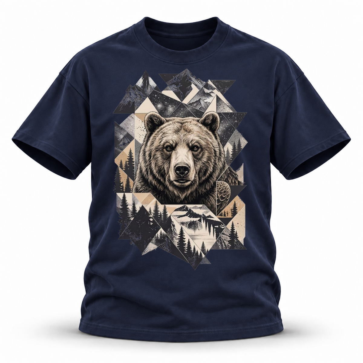 Stone Horizon — Grizzly Wildlife Premium Regular Fit Tee — Navy Blue, front; 3D ghost mannequin mockup
