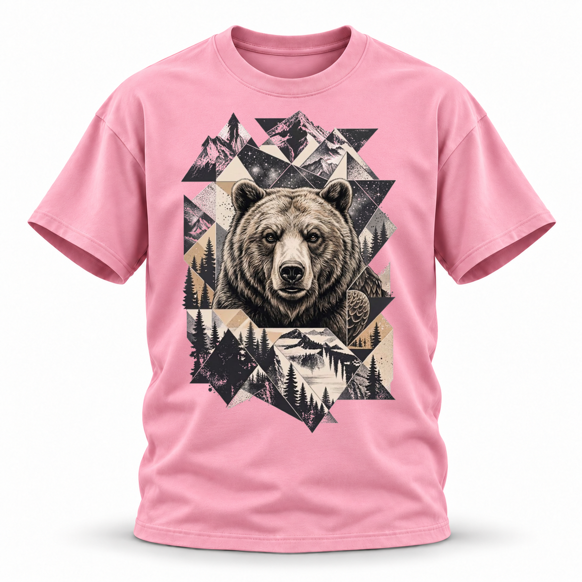 Stone Horizon — Grizzly Wildlife Premium Regular Fit Tee — Pink, front; 3D ghost mannequin mockup