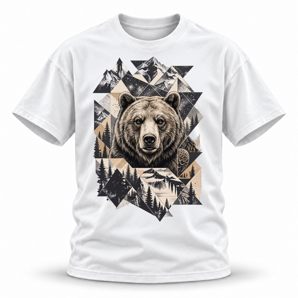 Stone Horizon — Grizzly Wildlife Premium Regular Fit Tee — White, front; 3D ghost mannequin mockup