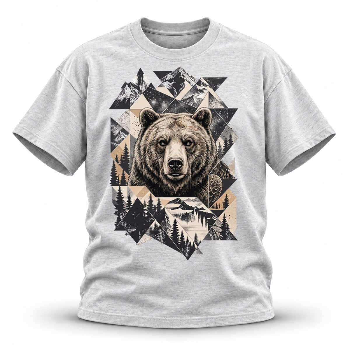 Stone Horizon — Grizzly Wildlife Premium Regular Fit Tee — White Gray, front; 3D ghost mannequin mockup