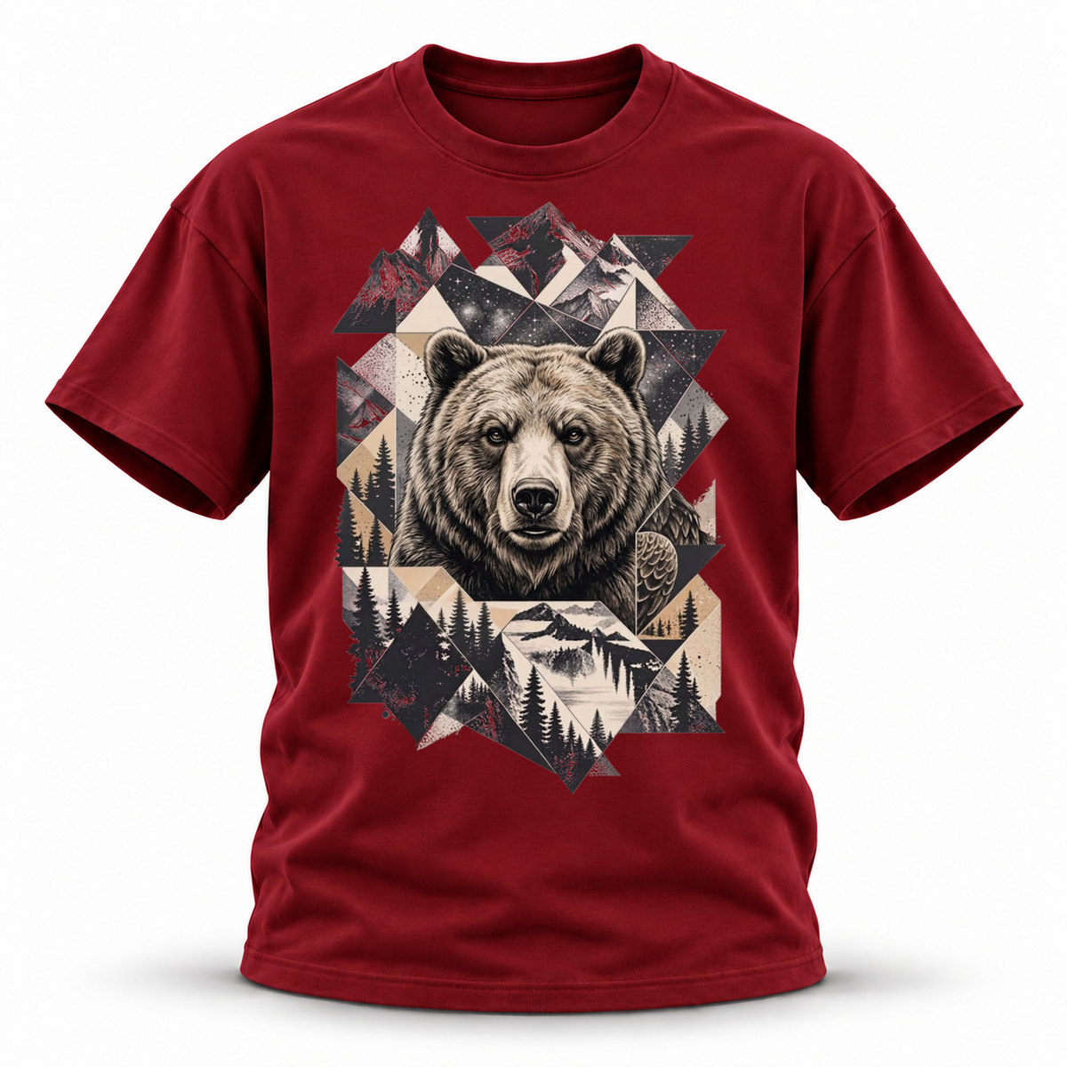 Stone Horizon — Grizzly Wildlife Premium Regular Fit Tee — Wine Red, front; 3D ghost mannequin mockup