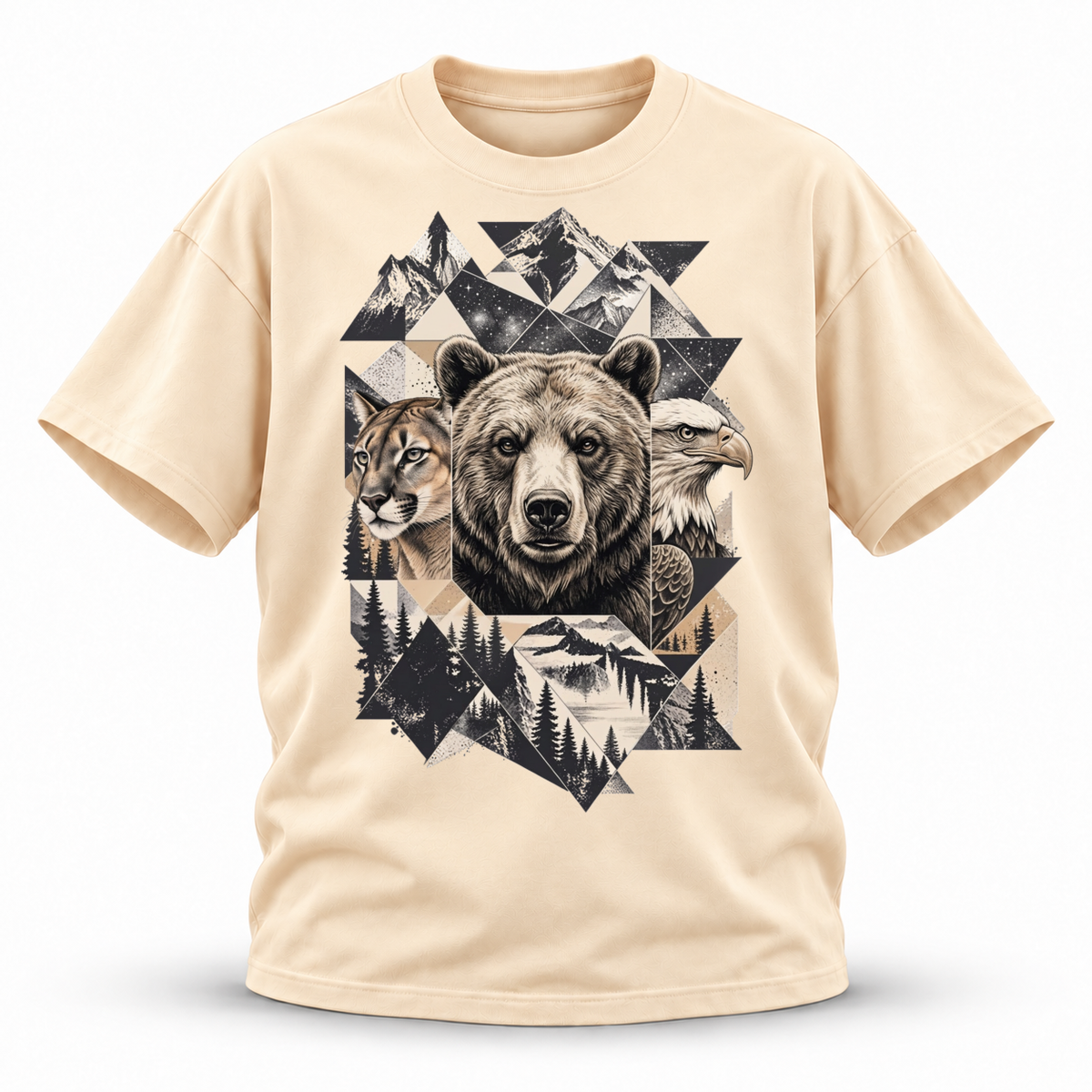 Wild Trinity — Grizzly Cougar Eagle Wildlife Premium Regular Fit Tee — Apricot, front; 3D ghost mannequin mockup