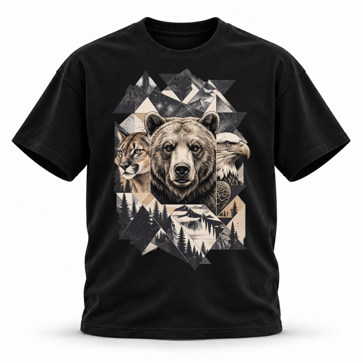 Wild Trinity — Grizzly Cougar Eagle Wildlife Premium Regular Fit Tee — Black, front; 3D ghost mannequin mockup