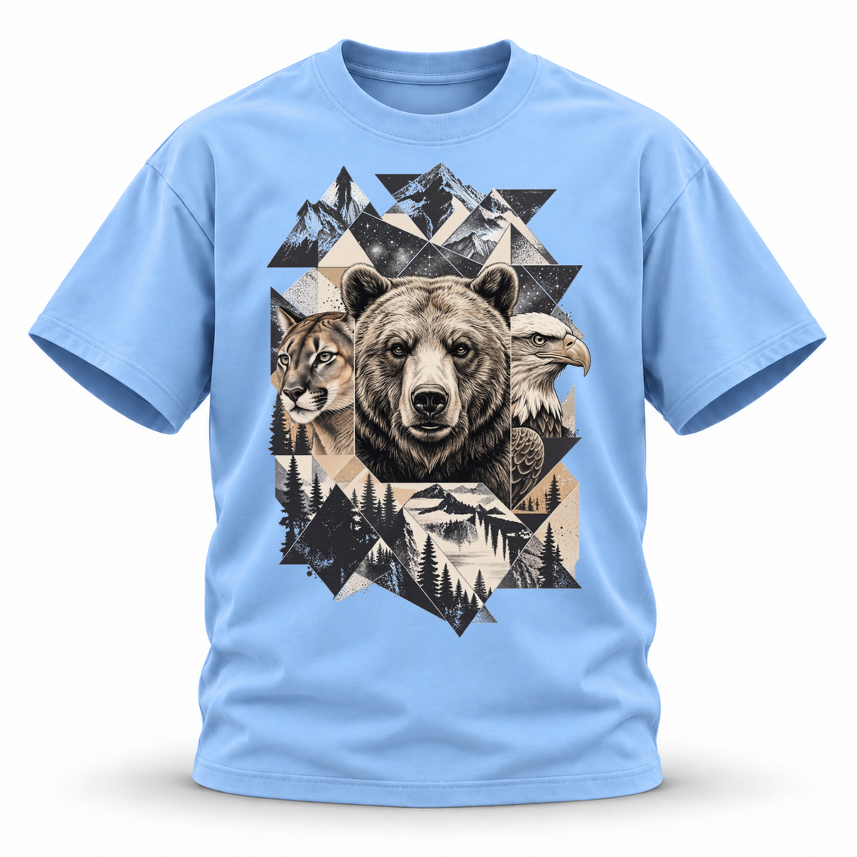 Wild Trinity — Grizzly Cougar Eagle Wildlife Premium Regular Fit Tee — Blue, front; 3D ghost mannequin mockup