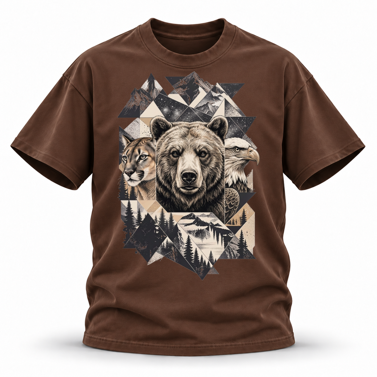 Wild Trinity — Grizzly Cougar Eagle Wildlife Premium Regular Fit Tee — Coffee, front; 3D ghost mannequin mockup
