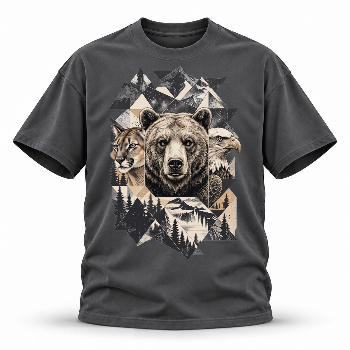Wild Trinity — Grizzly Cougar Eagle Wildlife Premium Regular Fit Tee — Dark Gray, front; 3D ghost mannequin mockup