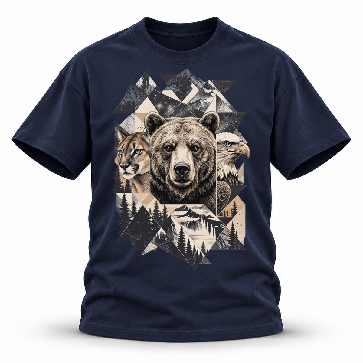Wild Trinity — Grizzly Cougar Eagle Wildlife Premium Regular Fit Tee — Navy Blue, front; 3D ghost mannequin mockup