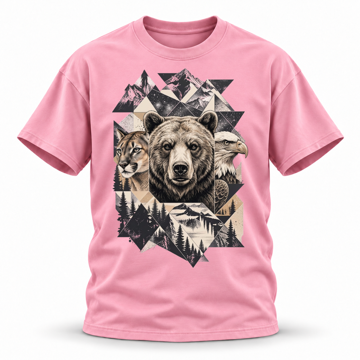 Wild Trinity — Grizzly Cougar Eagle Wildlife Premium Regular Fit Tee — Pink, front; 3D ghost mannequin mockup