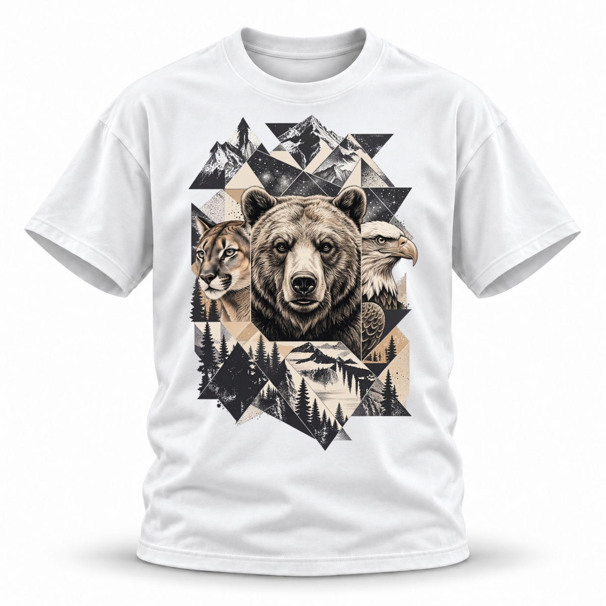 Wild Trinity — Grizzly Cougar Eagle Wildlife Premium Regular Fit Tee — White, front; 3D ghost mannequin mockup