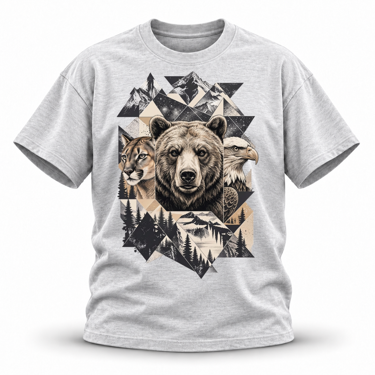 Wild Trinity — Grizzly Cougar Eagle Wildlife Premium Regular Fit Tee — White Gray, front; 3D ghost mannequin mockup