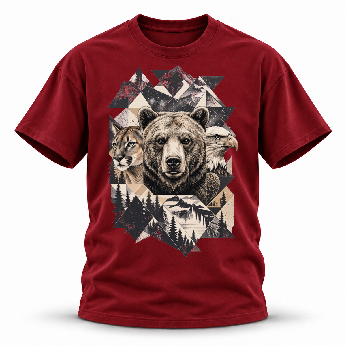 Wild Trinity — Grizzly Cougar Eagle Wildlife Premium Regular Fit Tee — Wine Red, front; 3D ghost mannequin mockup