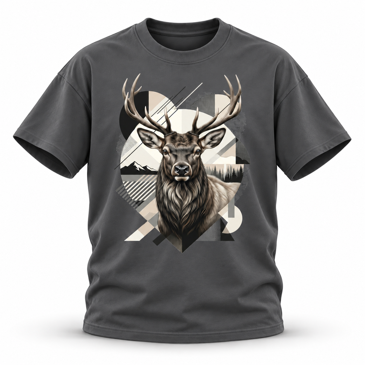 High Country — Elk Geometric Wildlife Heavyweight Oversized Tee — Dark Gray, front; 3D ghost mannequin mockup