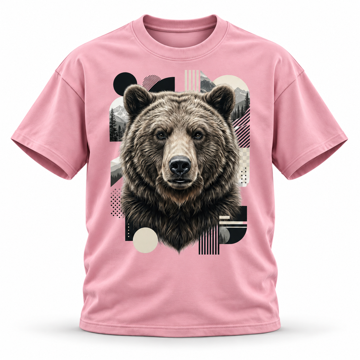 19SEVEN7 Northern Sentinel Pink T-shirt with grizzly artwork, front view