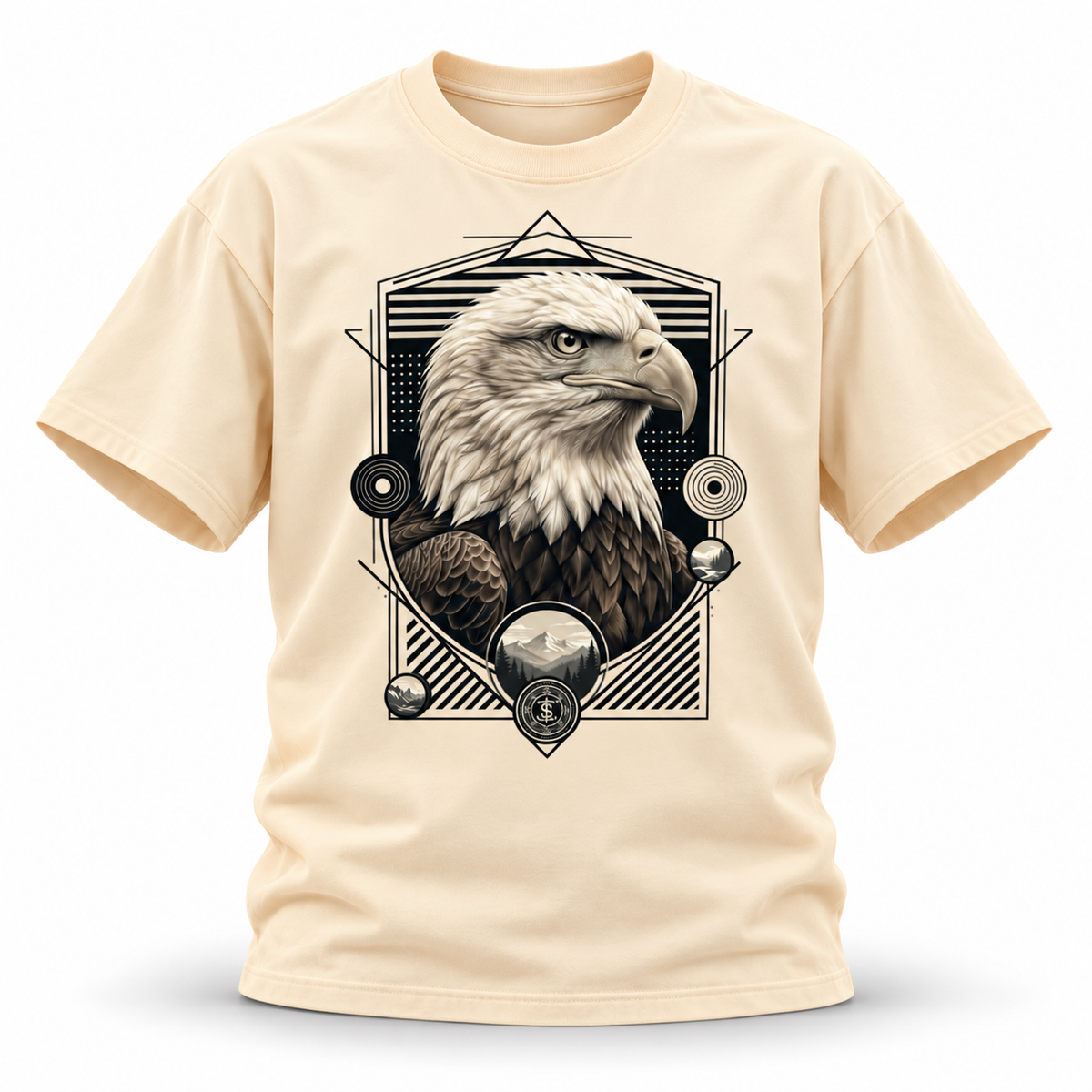 Above the Range — Bald Eagle Geometric Wildlife Heavyweight Oversized Tee — Apricot, front; 3D ghost mannequin mockup