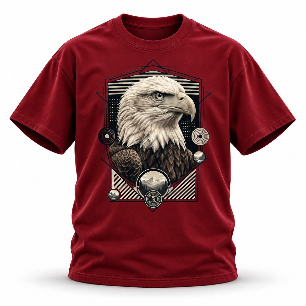 19SEVEN7 Northern Sentinel Wine Red T-shirt with bald eagle artwork, front view