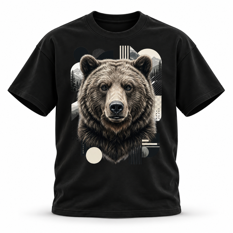 19SEVEN7 Northern Sentinel Black T-shirt with grizzly artwork, front view