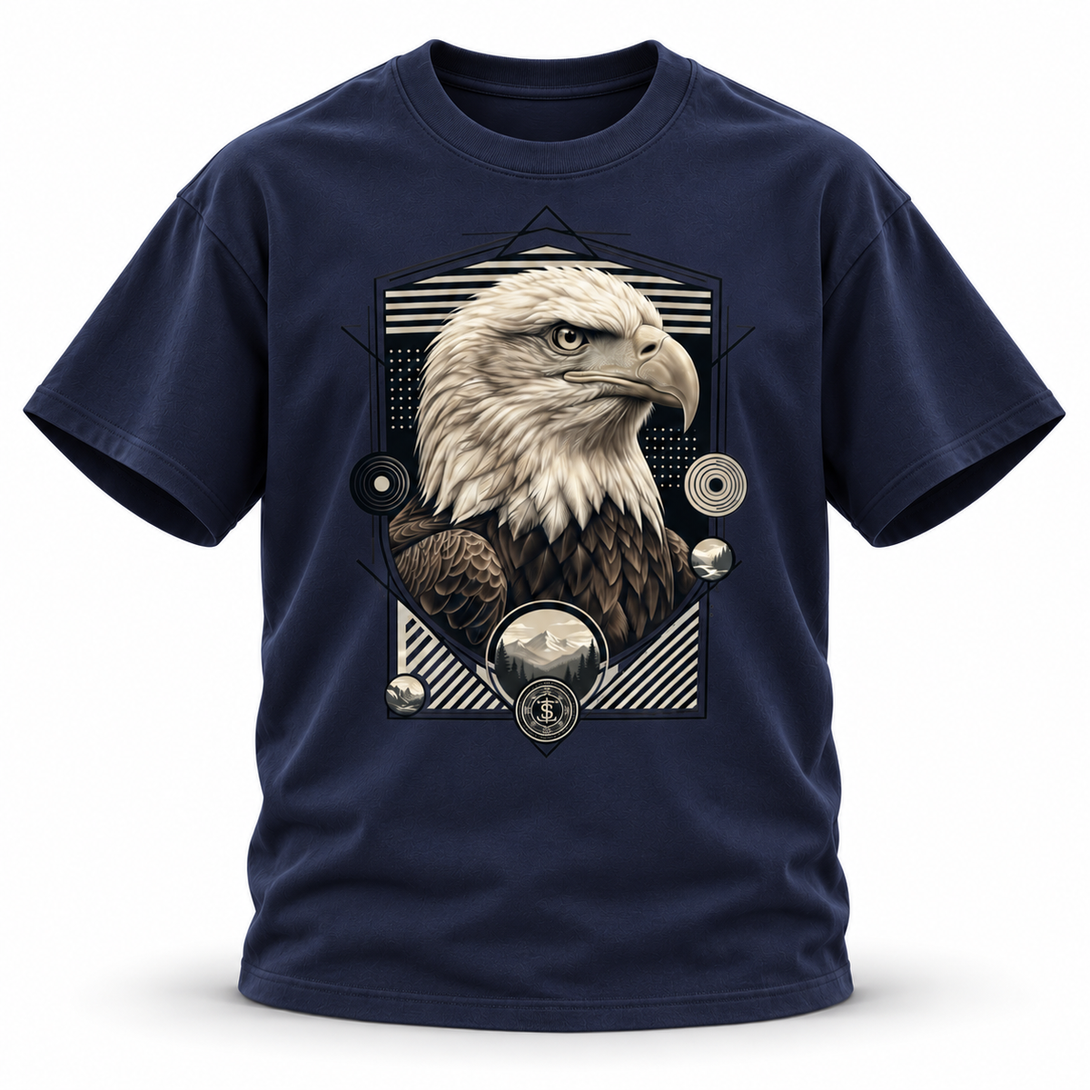 Above the Range — Bald Eagle Geometric Wildlife Heavyweight Oversized Tee — Navy Blue, front; 3D ghost mannequin mockup