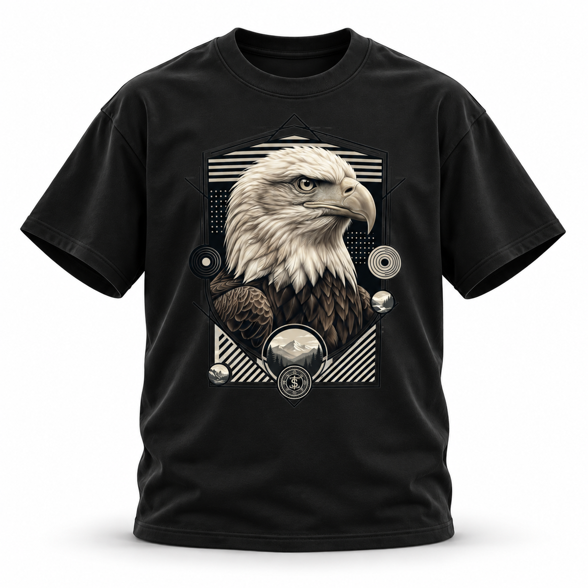 Above the Range — Bald Eagle Geometric Wildlife Heavyweight Oversized Tee — Black, front; 3D ghost mannequin mockup