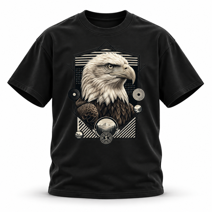 Above the Range — Bald Eagle Geometric Wildlife Heavyweight Oversized Tee — Black, front; 3D ghost mannequin mockup