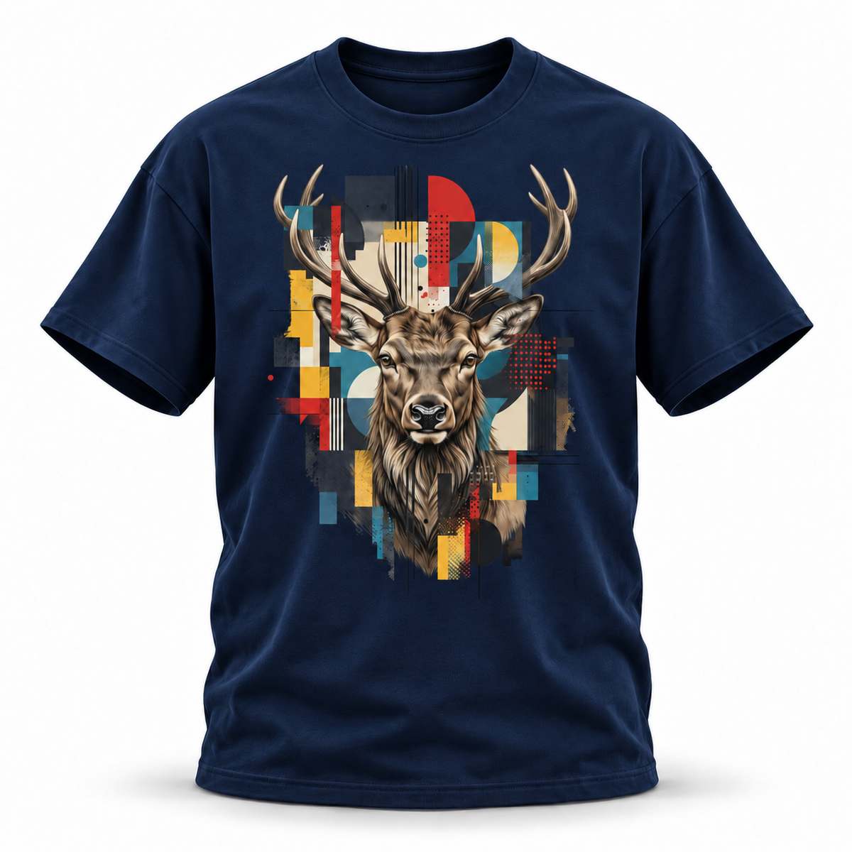 19SEVEN7 — Elk Mosaic Oversized Tee — Navy Blue, front; 3D ghost mannequin mockup
