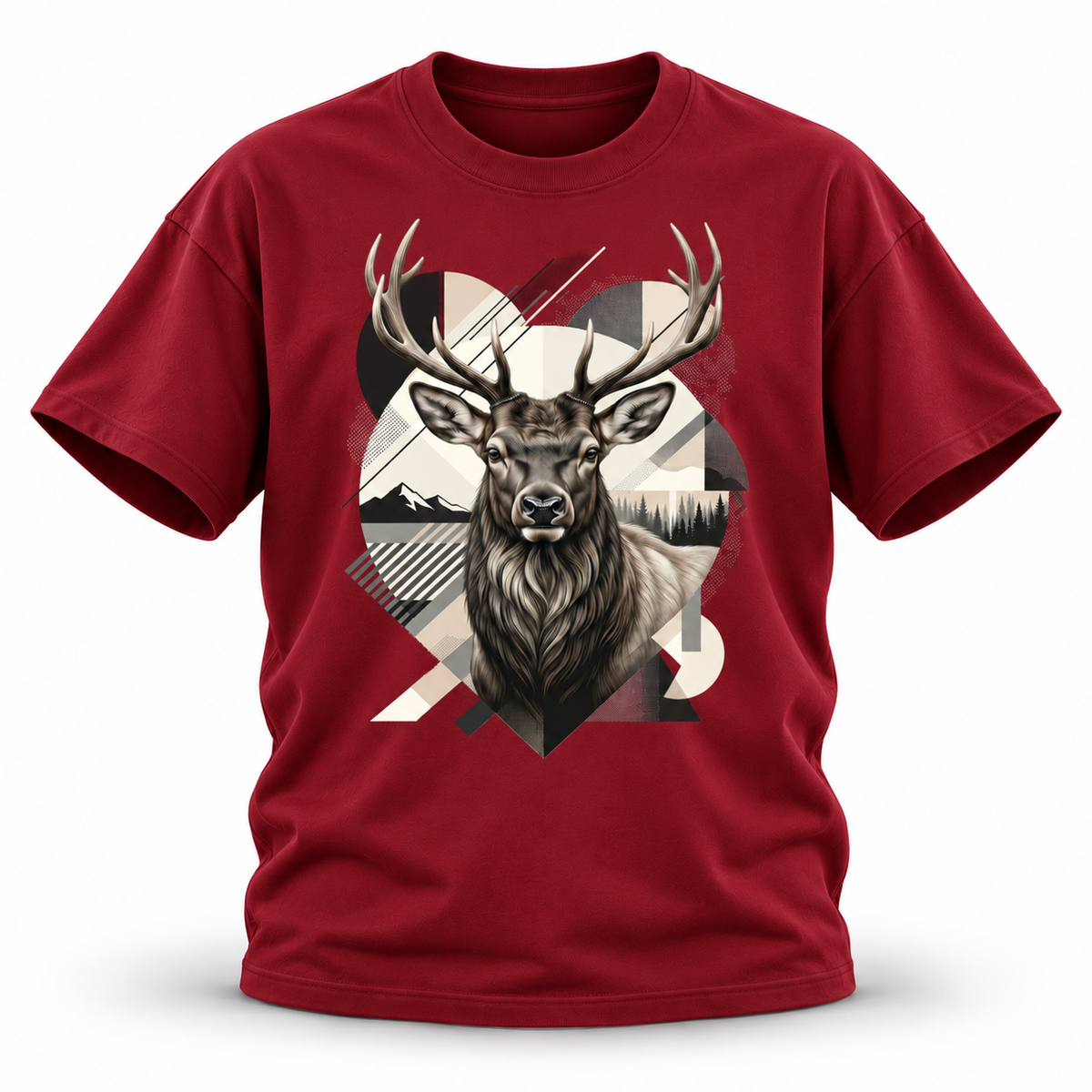 19SEVEN7 Northern Sentinel Wine Red T-shirt with elk artwork, front view