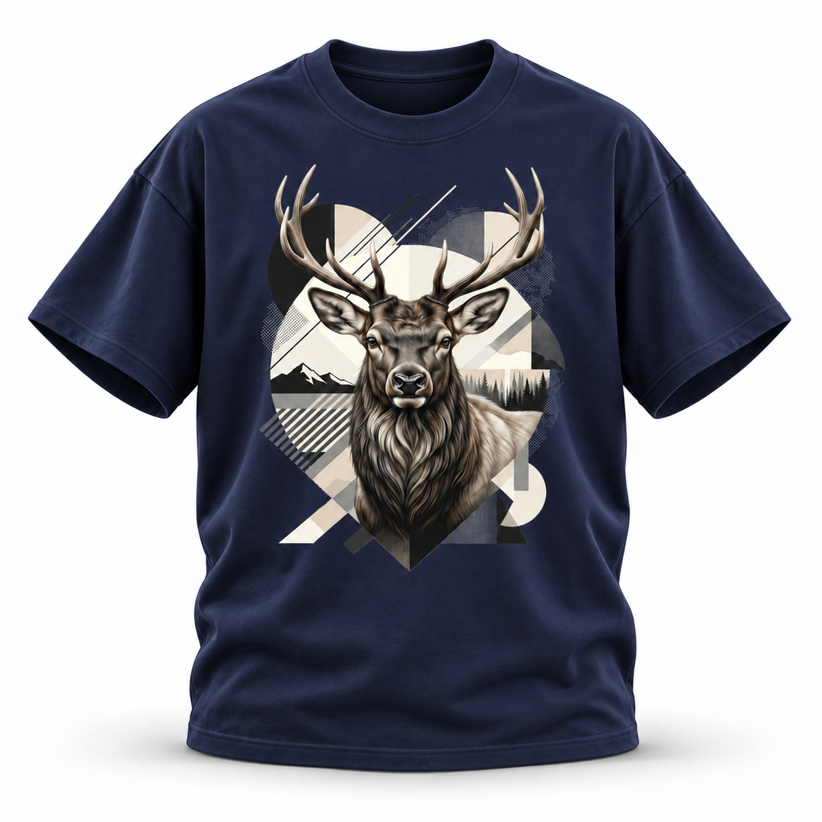 High Country — Elk Geometric Wildlife Heavyweight Oversized Tee — Navy Blue, front; 3D ghost mannequin mockup