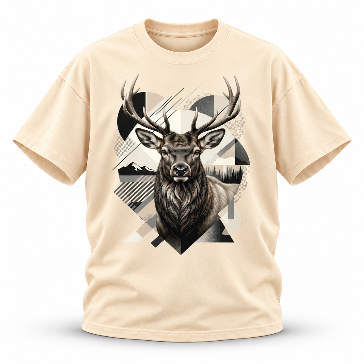 19SEVEN7 Northern Sentinel Apricot T-shirt with elk artwork, front view